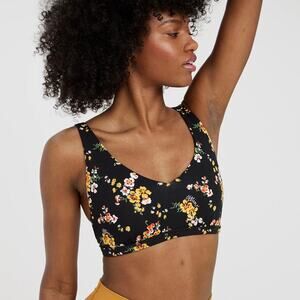 Aerie Offline Goals Plunge Sports Bra True Black Floral Mesh Back Strappy Active